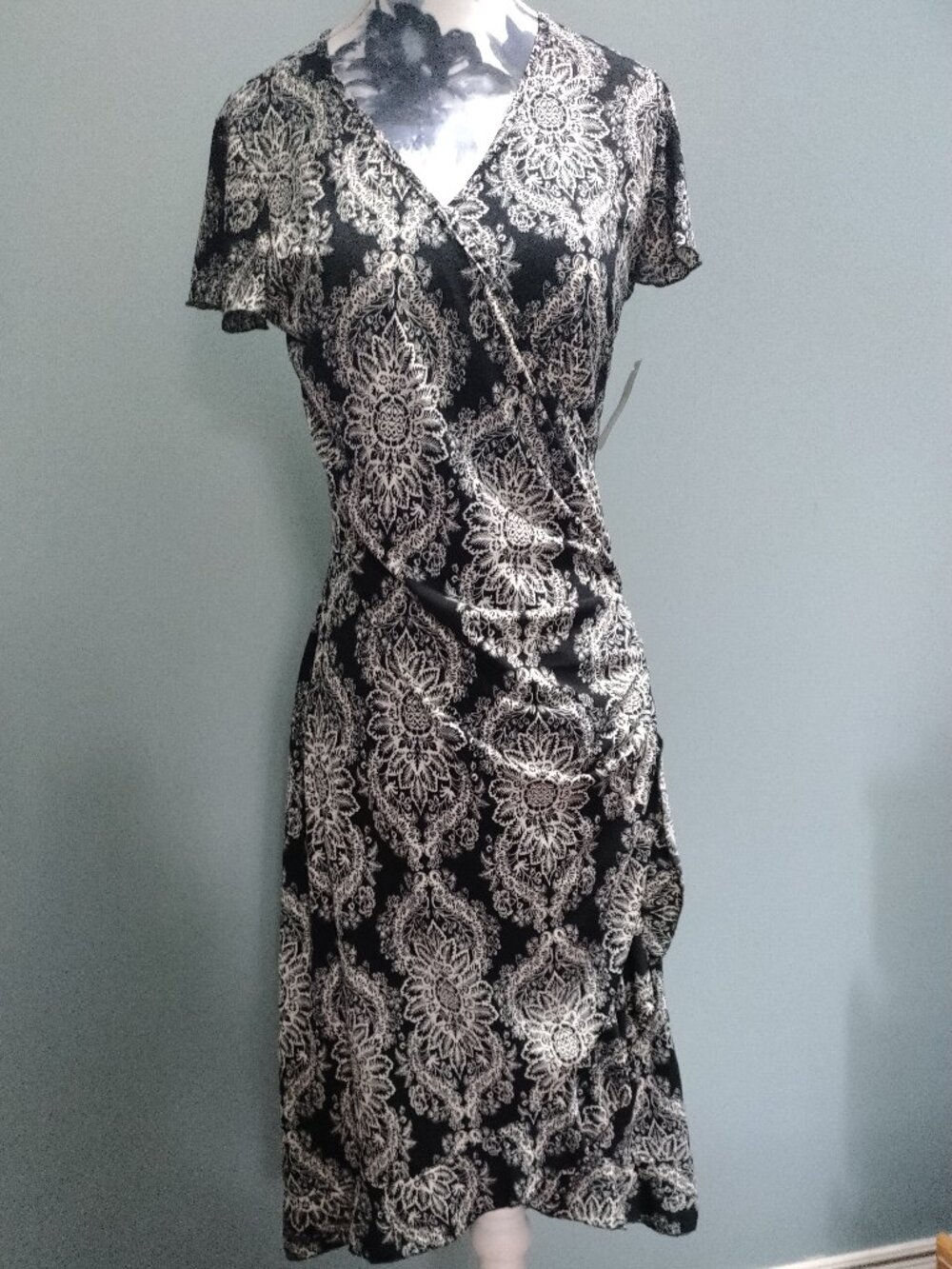 Made in CANADA Black & White Medallion Print Faux Wrap Dress, size S
